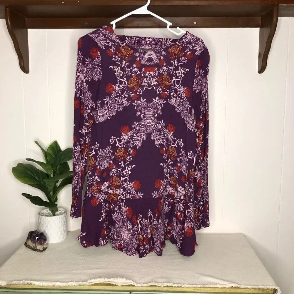 Free People Womens Floral Open Back Long Sleeve Short Dress Multicolor Small